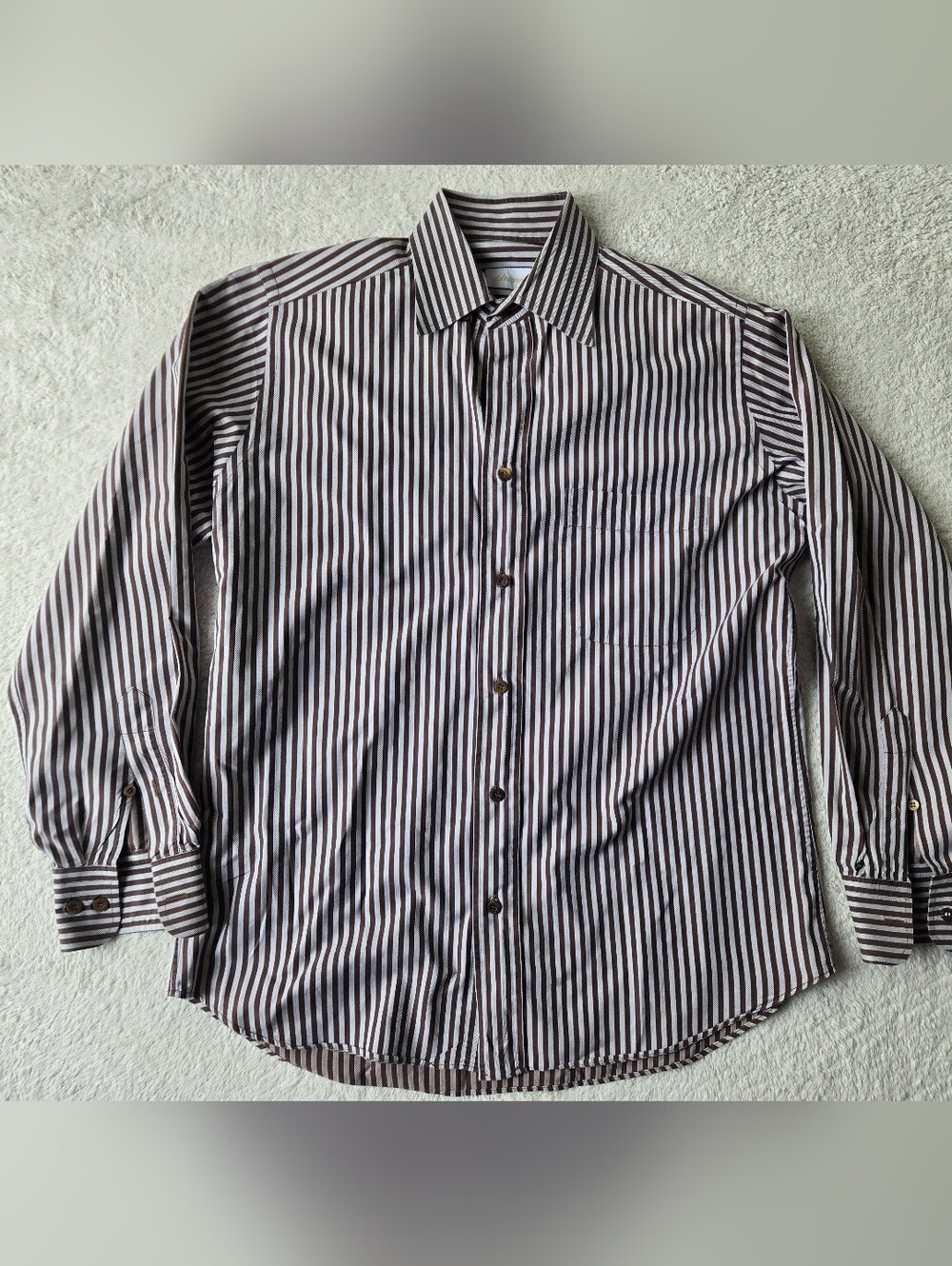 Brioni Italy Men's Bengal Stripe Dress Shirt - Brown/White Luxury Horn Buttons M